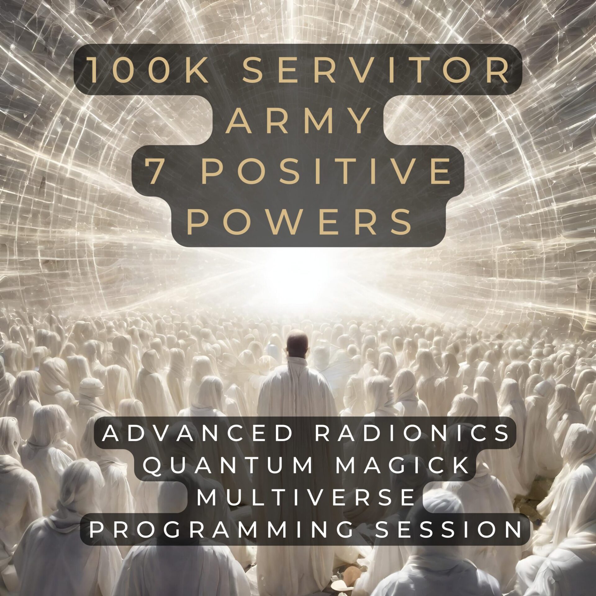 thousands of large white energy spiritual beings, spiritual joyful energy surrounding a person